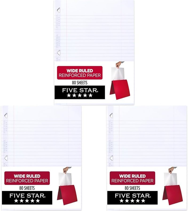 Five Star Loose Leaf Paper, Notebook Paper, Wide Ruled Filler Paper, Reinforced, Fights Ink Bleed, 8 x 10.5, 80 Sheets (150002-23), White (Pack of 3) - Image 1